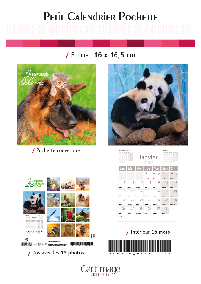CALENDRIER POCHETTE ANIMAUX 16 X 16.5 CM
